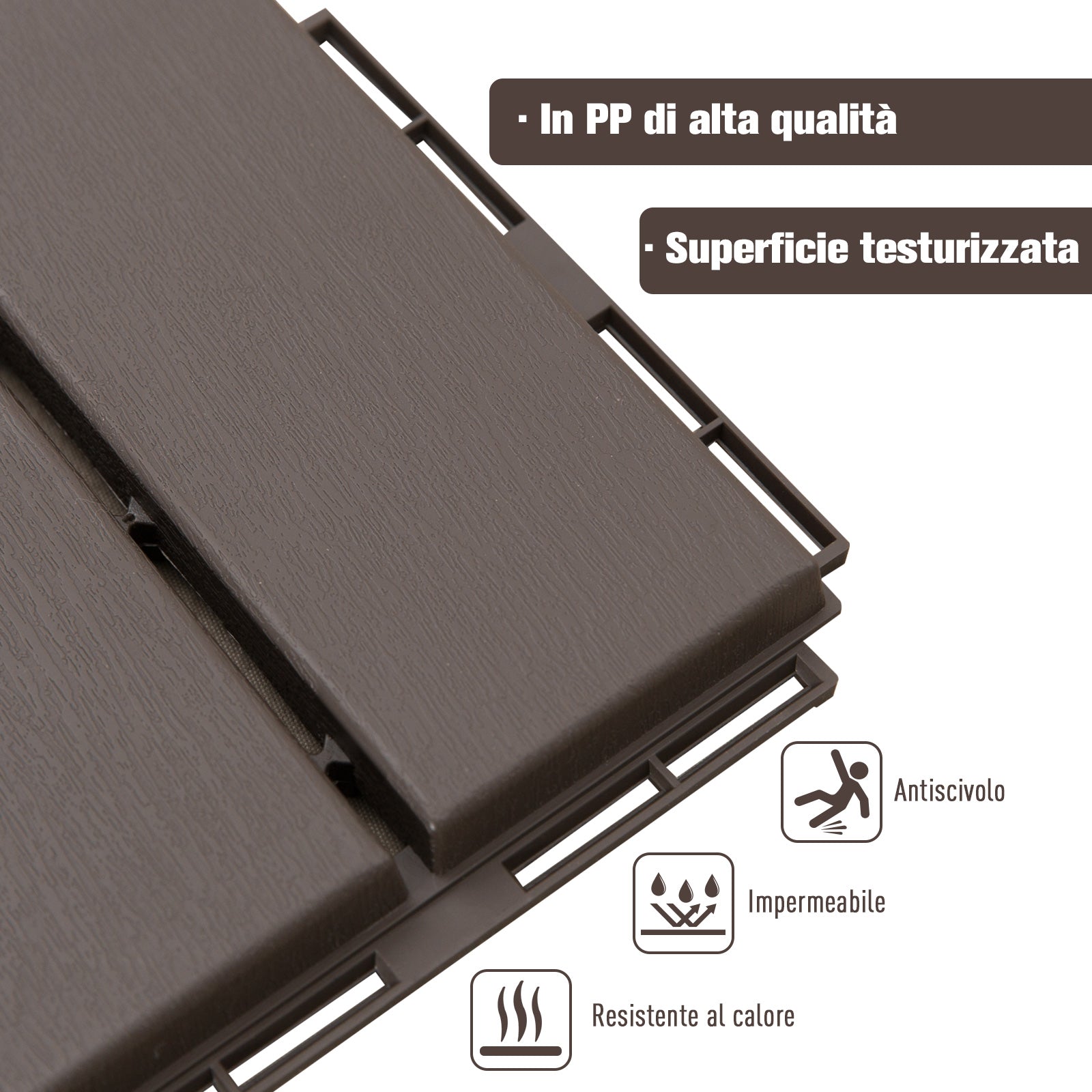 Outsunny Set of 9 Interlocking Terrace Tiles, Non-Slip PP Floor Tiles (30x30x2cm), Area: 0.81 m², Brown