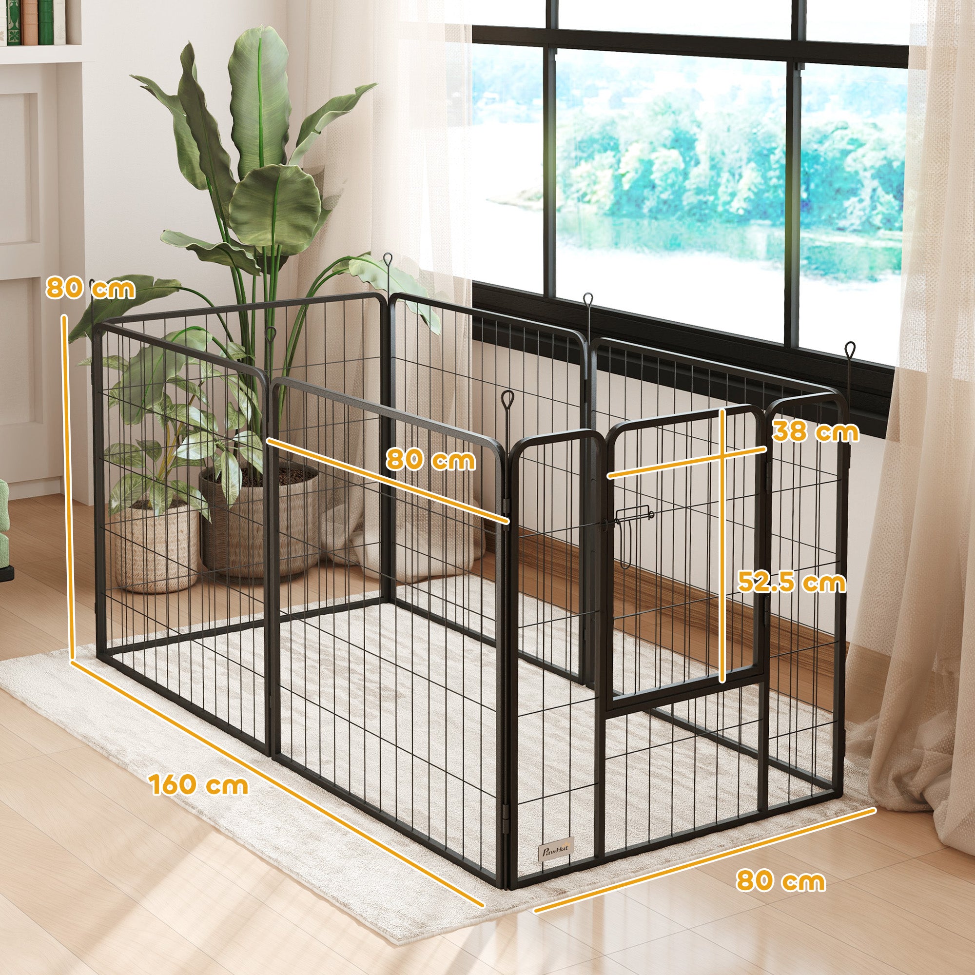6-Panel Modular Folding Dog Run with Steel Door, Height 80 cm, Black