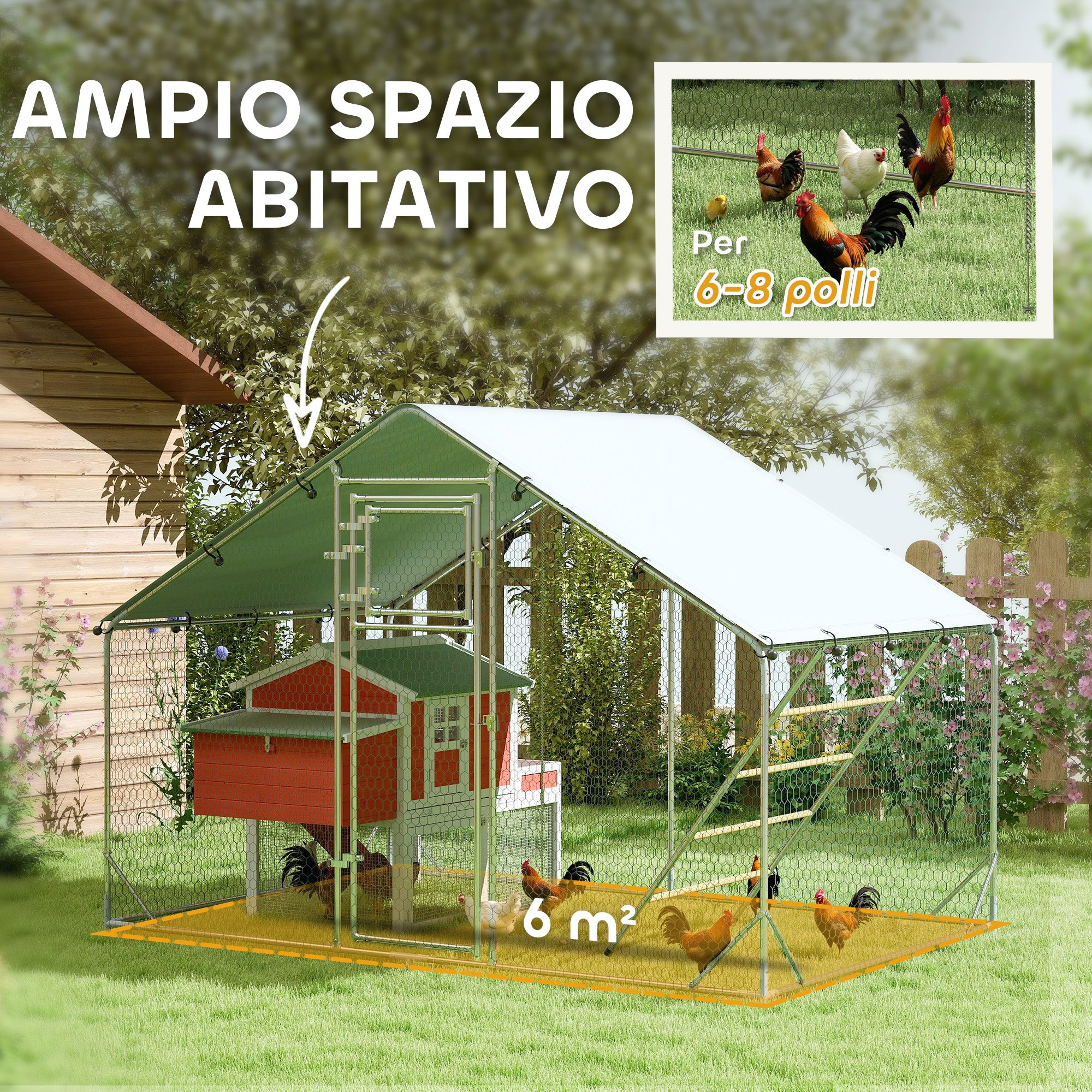 6m² Chicken Coop for 6-8 Animals with Waterproof Roof, Feeder and Perch, 3x2x1.9m, Silver