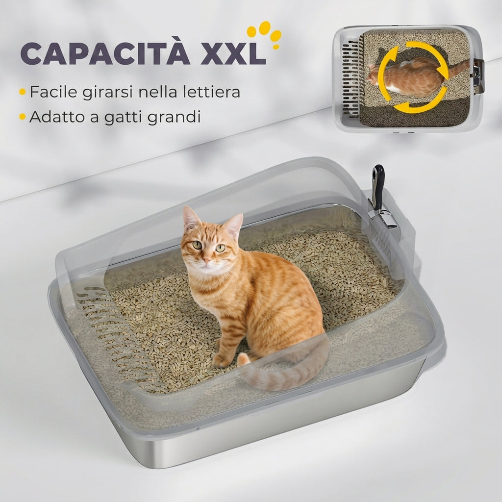 PawHut XXL Stainless Steel Cat Litter Box with Scoop, High Sides, Anti-Leak, Anti-Odor, Up to 12 kg, Grey