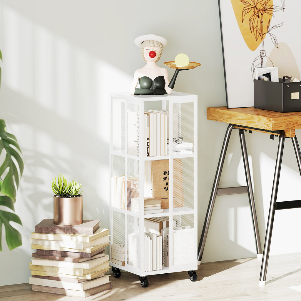 Modern 3-Tier Metal Mesh Bookcase with Wheels, 35x35x99cm, White