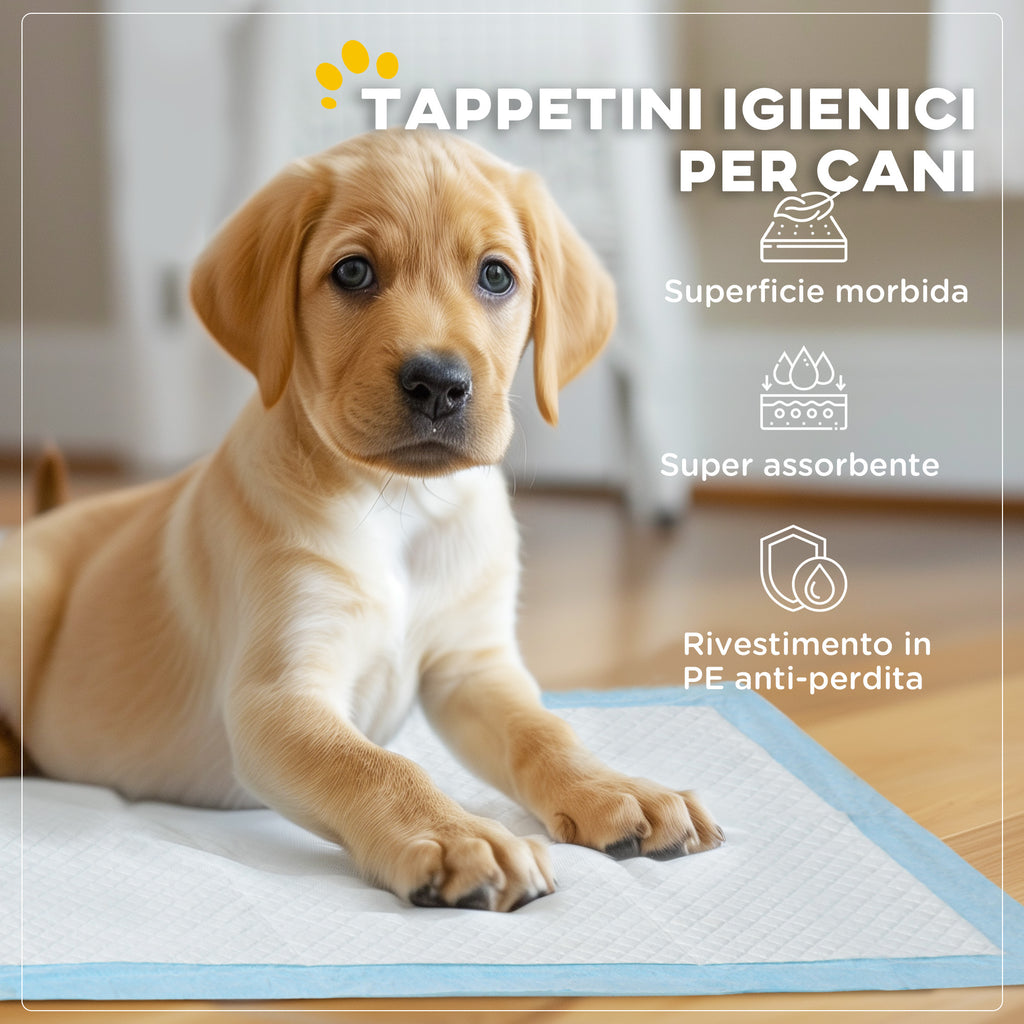 Set of 100 6-Layer Non-Woven, Paper, and PE Dog Toilet Pads, 45x30 cm, Blue and White
