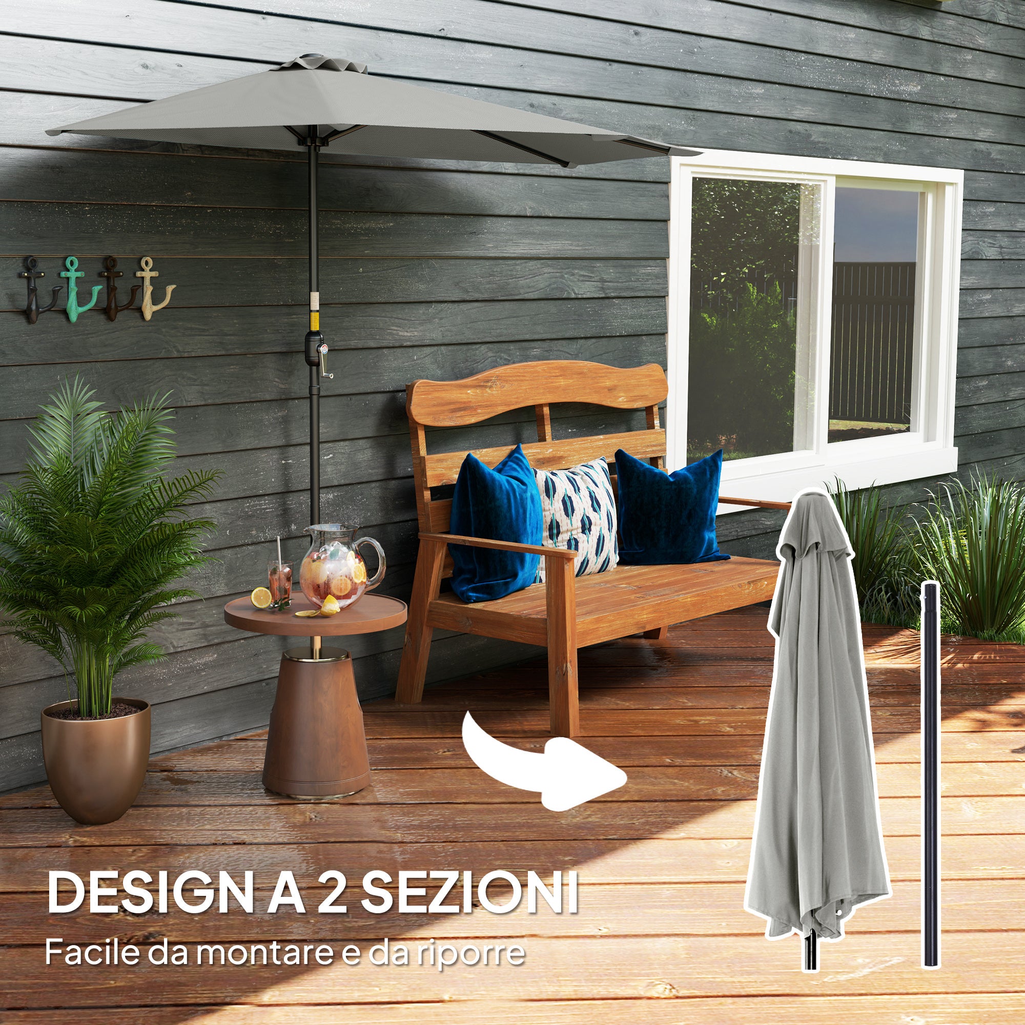 Outsunny Space-Saving Half-Moon Wall-Mounted Umbrella with Crank Opening, 2.7 x 2.4 m, Light Grey