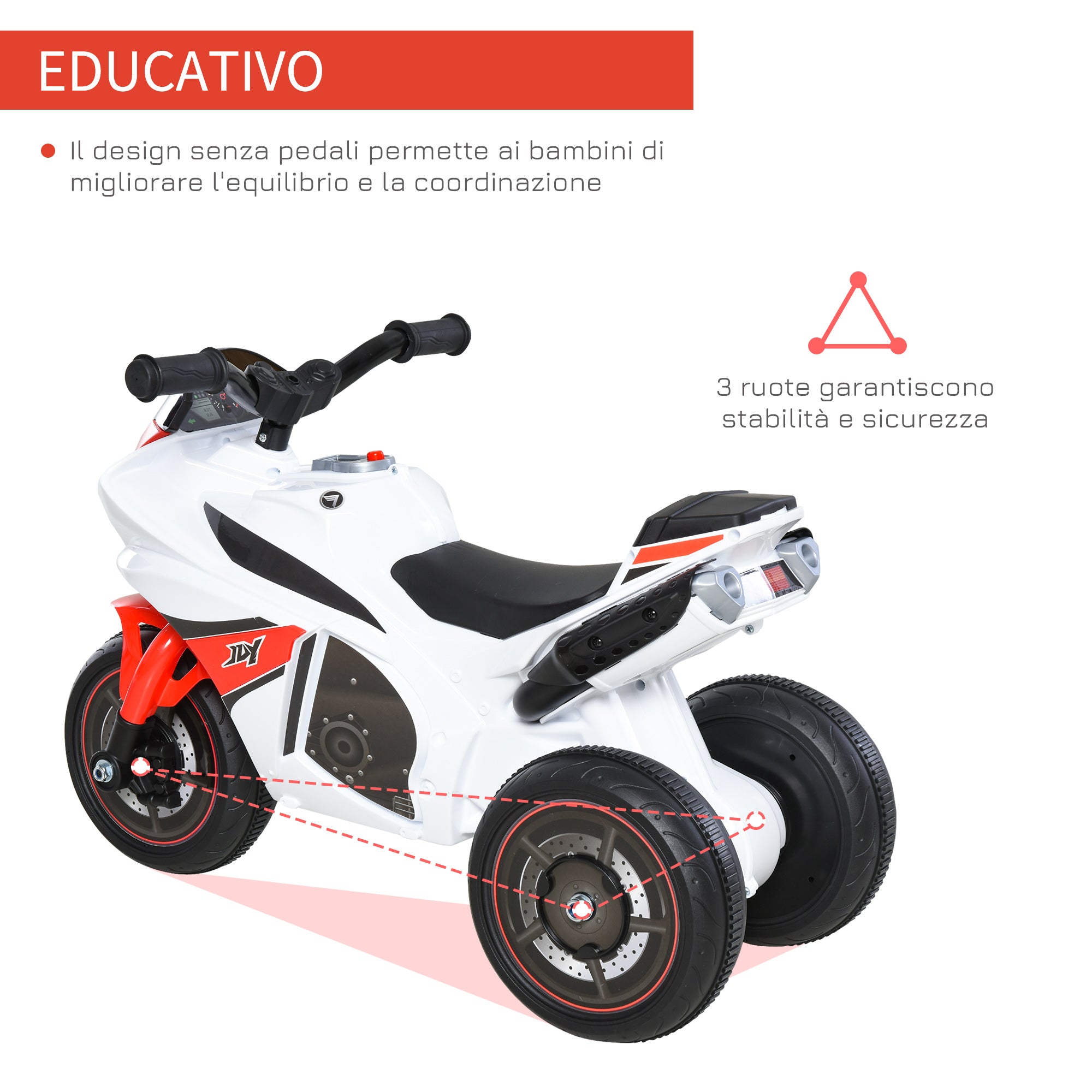 3-Wheeled Ride-On Toy Motorcycle for Kids 18-36 Months, Police Style Ride-On Motorbike with Music and Headlights, No Pedals, Made of PP and Metal, White and Red