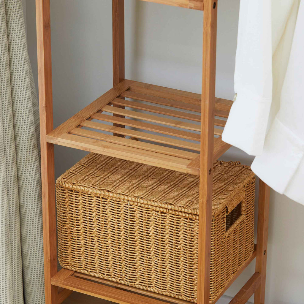 HOMCOM Bamboo Coat Rack with 6-Tier Shelf and Coat Hook, 90x30x145 cm, Natural Wood