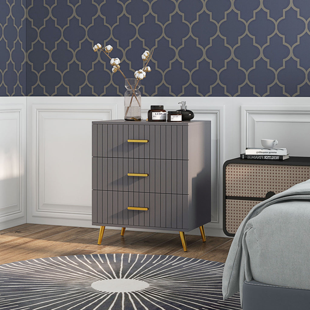 Modern 3 Drawer Chest of Drawers in Wood and Aluminum, 60x40x71.5 cm, Gold and Dark Grey