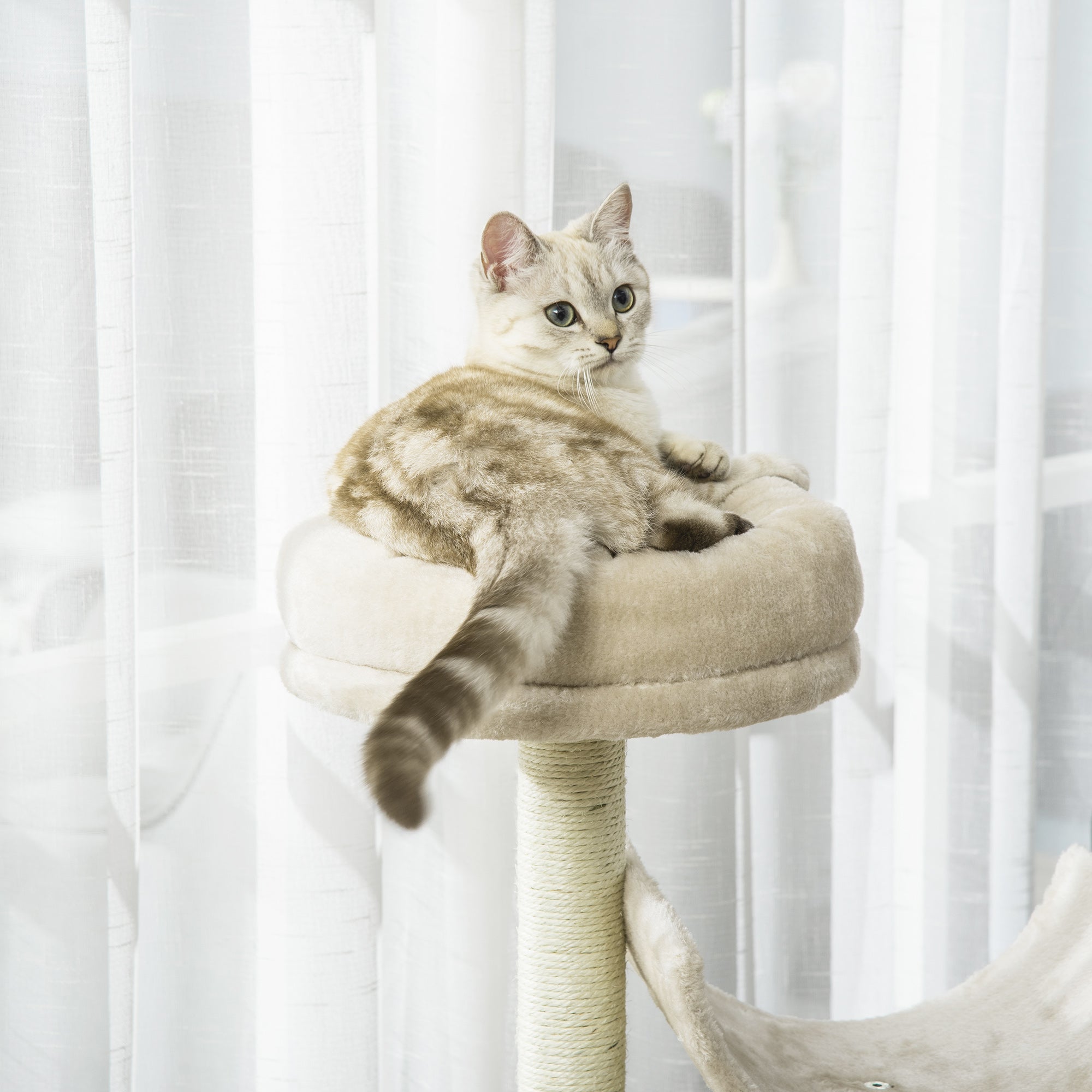 Cat Tree Toy with Different Platforms in Natural Sisal, Height 105cm, Cream
