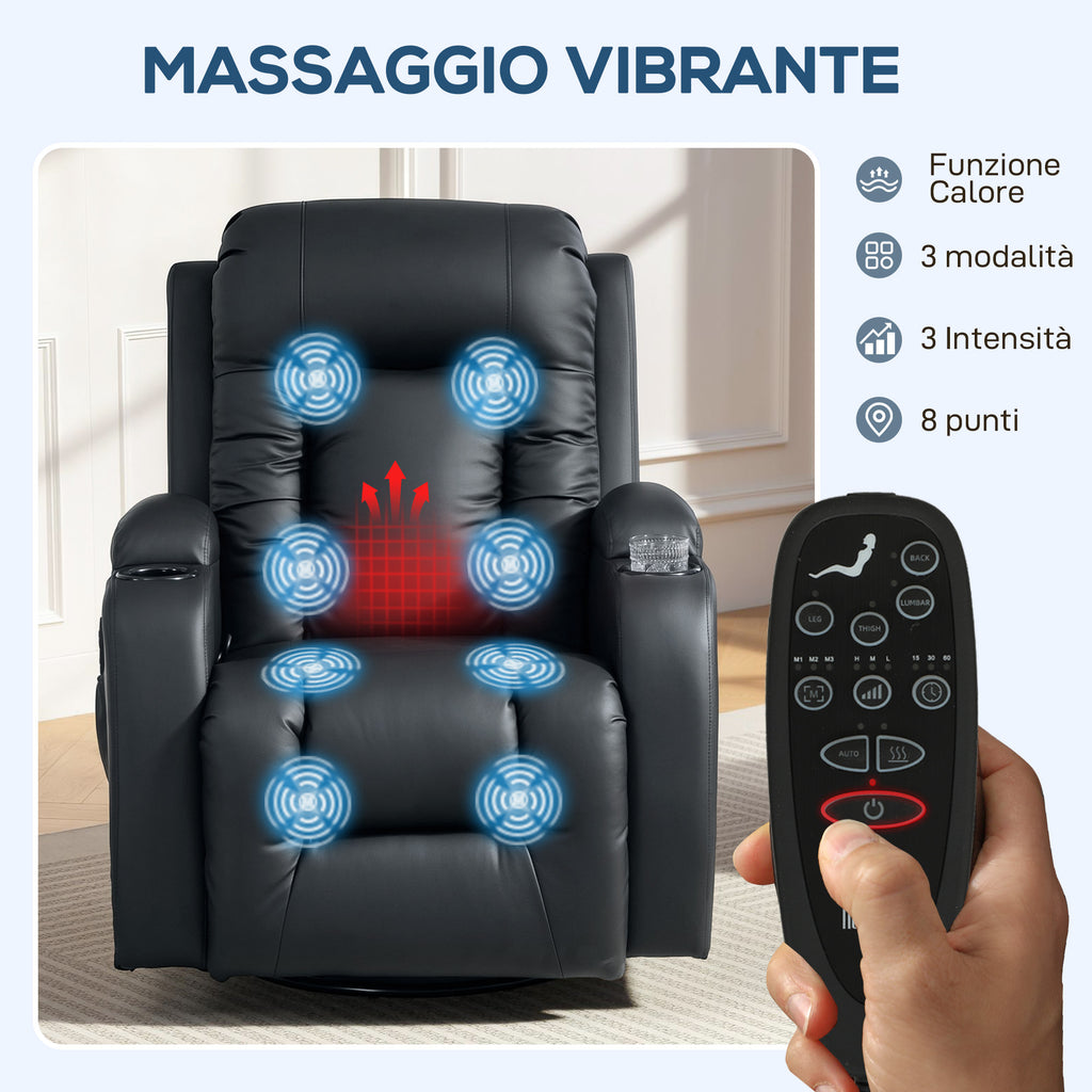 Heated Massage Recliner, 8 Massage Points and 3 Modes with Remote Control, PU Leather, Black