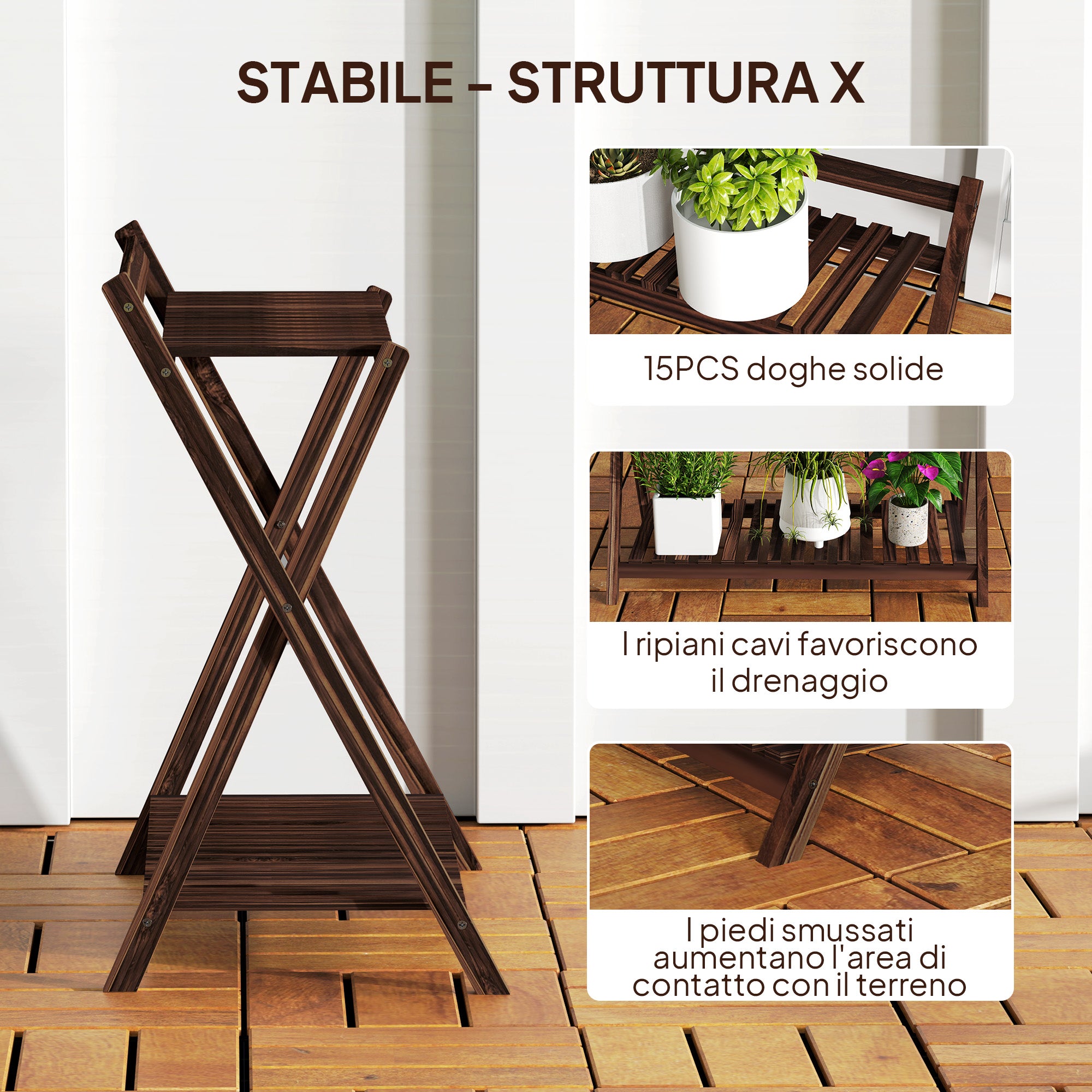 Set of 2 2-Tier Plant Holders with Slatted Design in Fir Wood, 73x36x64 cm, Burnt Brown