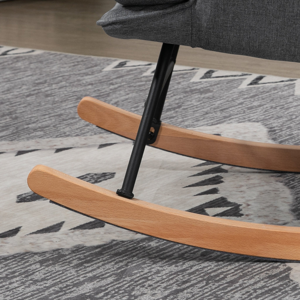 Rocking Chair with Ottoman in Linen and Wood Effect Fabric with Cushion, Armrests, 130 kg Capacity, Grey