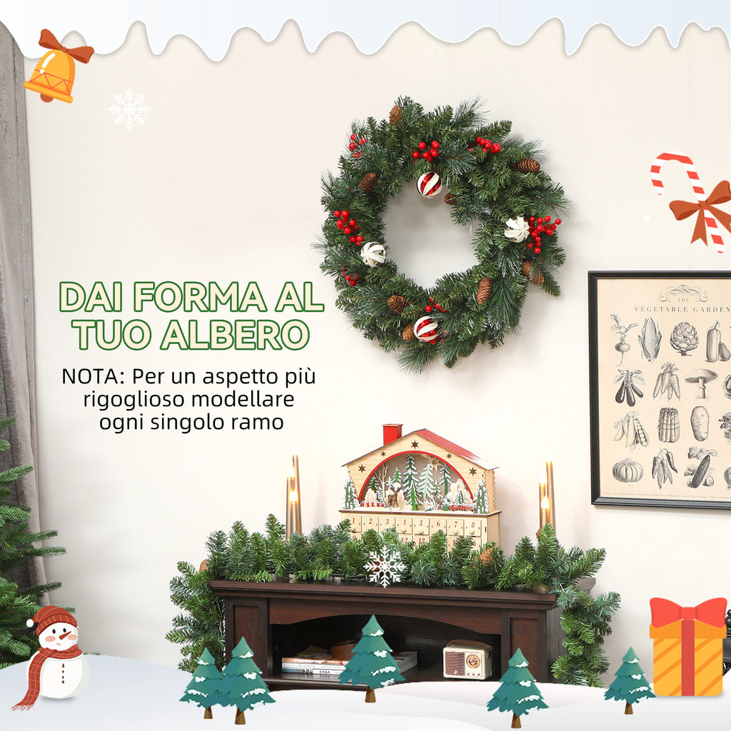 60cm Christmas Wreath with 146 Snow-Covered Branches, Pine Cones, Berries and Baubles, Green