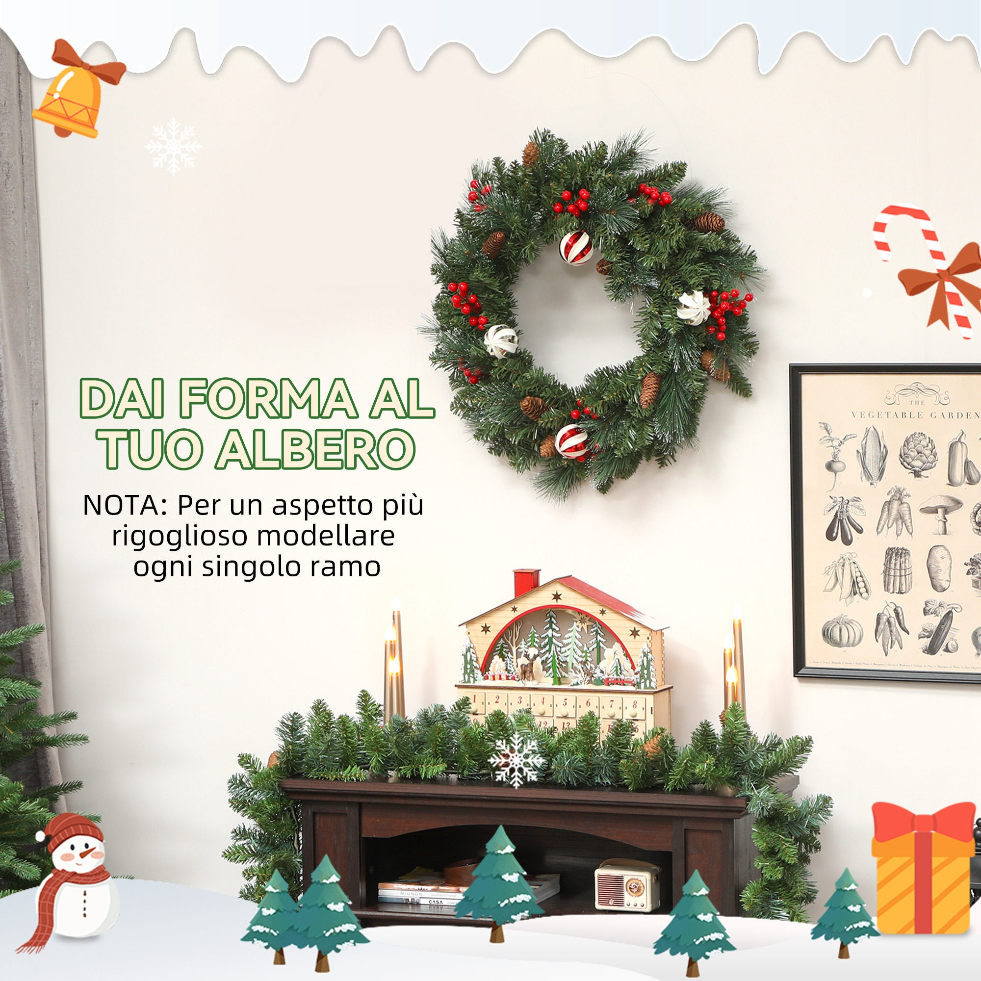 60cm Christmas Wreath with 146 Snow-Covered Branches, Pine Cones, Berries and Baubles, Green