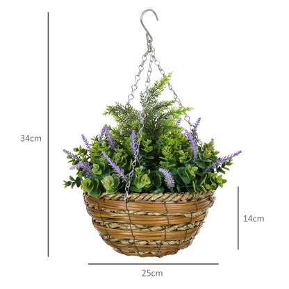 Set of 2 artificial Lavender Plants with Pot and Hook, in PE and Wicker, Ø25x34 cm, Green and Purple