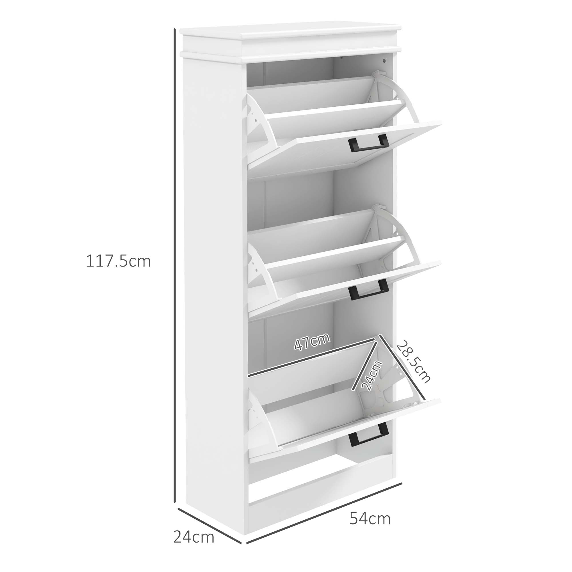 Modern Shoe Rack with 3 Tilting Drawers for 15 Pairs of Shoes and Adjustable Shelf, 54x24x117.5cm, White