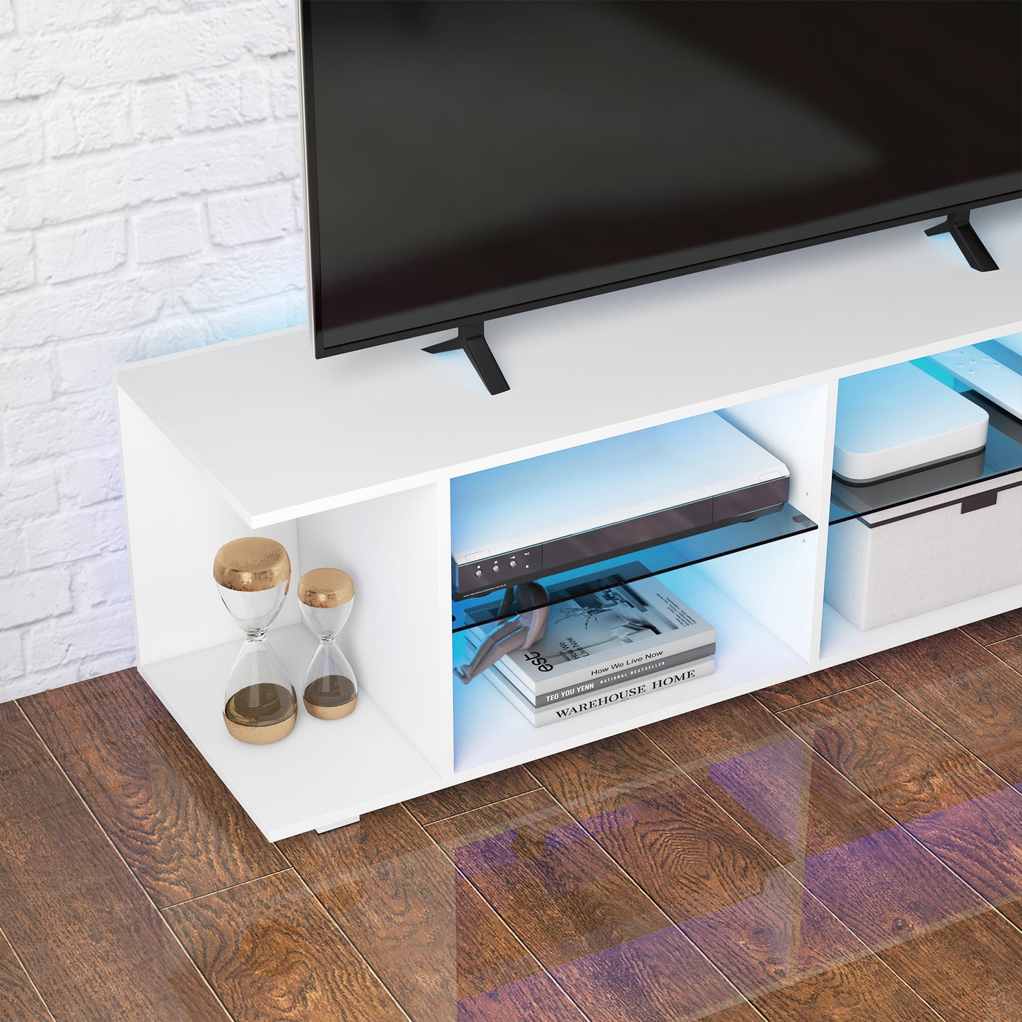 HOMCOM 60" TV Cabinet with 12 Color Lights and 2 Adjustable Shelves, in Chipboard and Glass, 144.8x40x45 cm, White