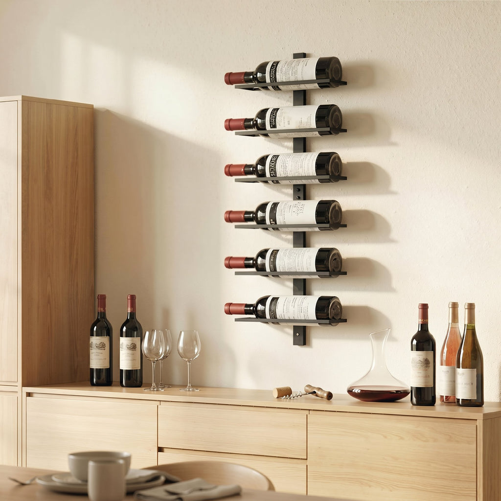 HOMCOM Wall-Mounted Steel Wine Rack for 6 Bottles, Kitchen and Living Room, 27x10x71 cm, Black