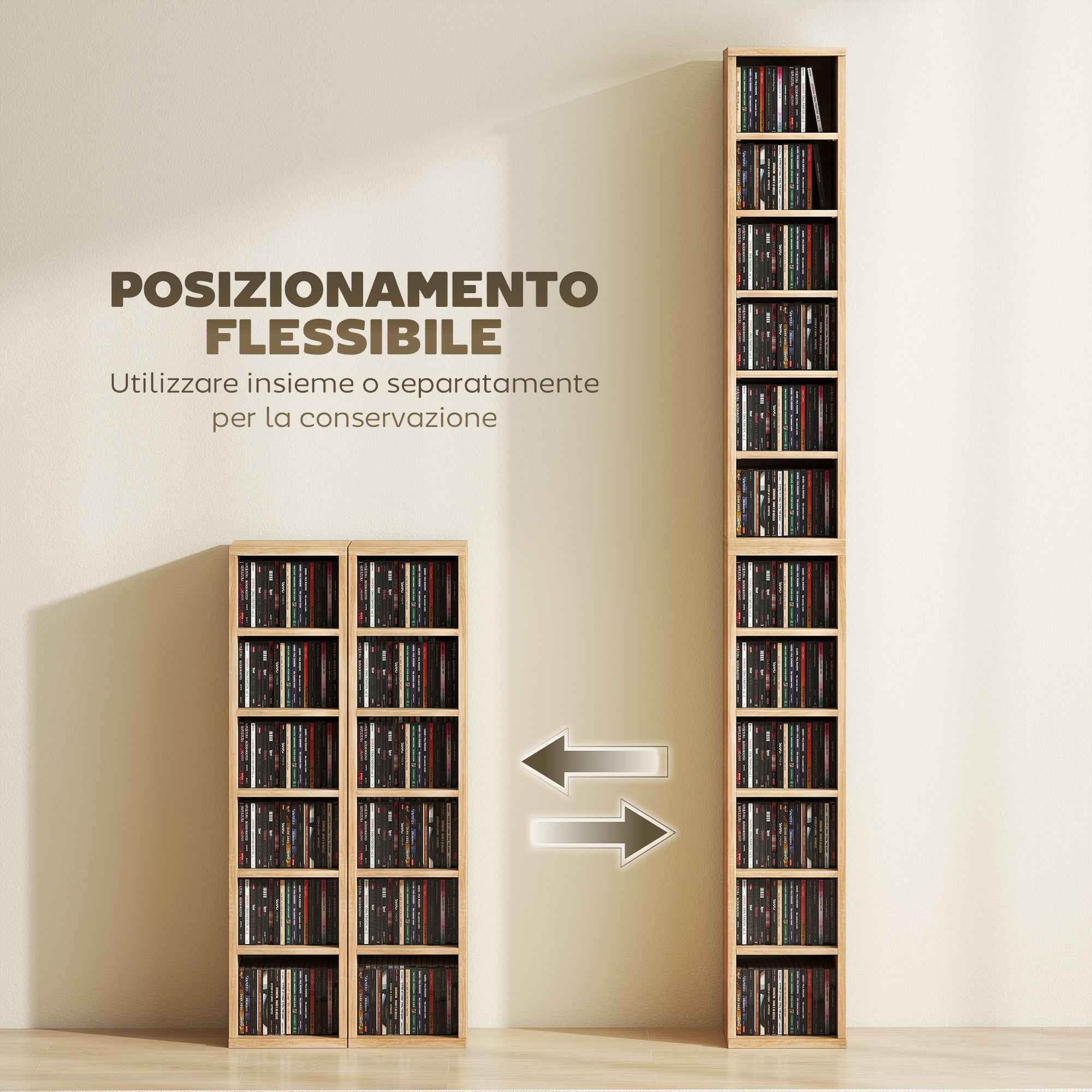 HOMCOM Set of 2 CD Racks with 6 Adjustable Shelves for 204 CDs, Wooden, 21x22.5x88.5 cm, Wood Color