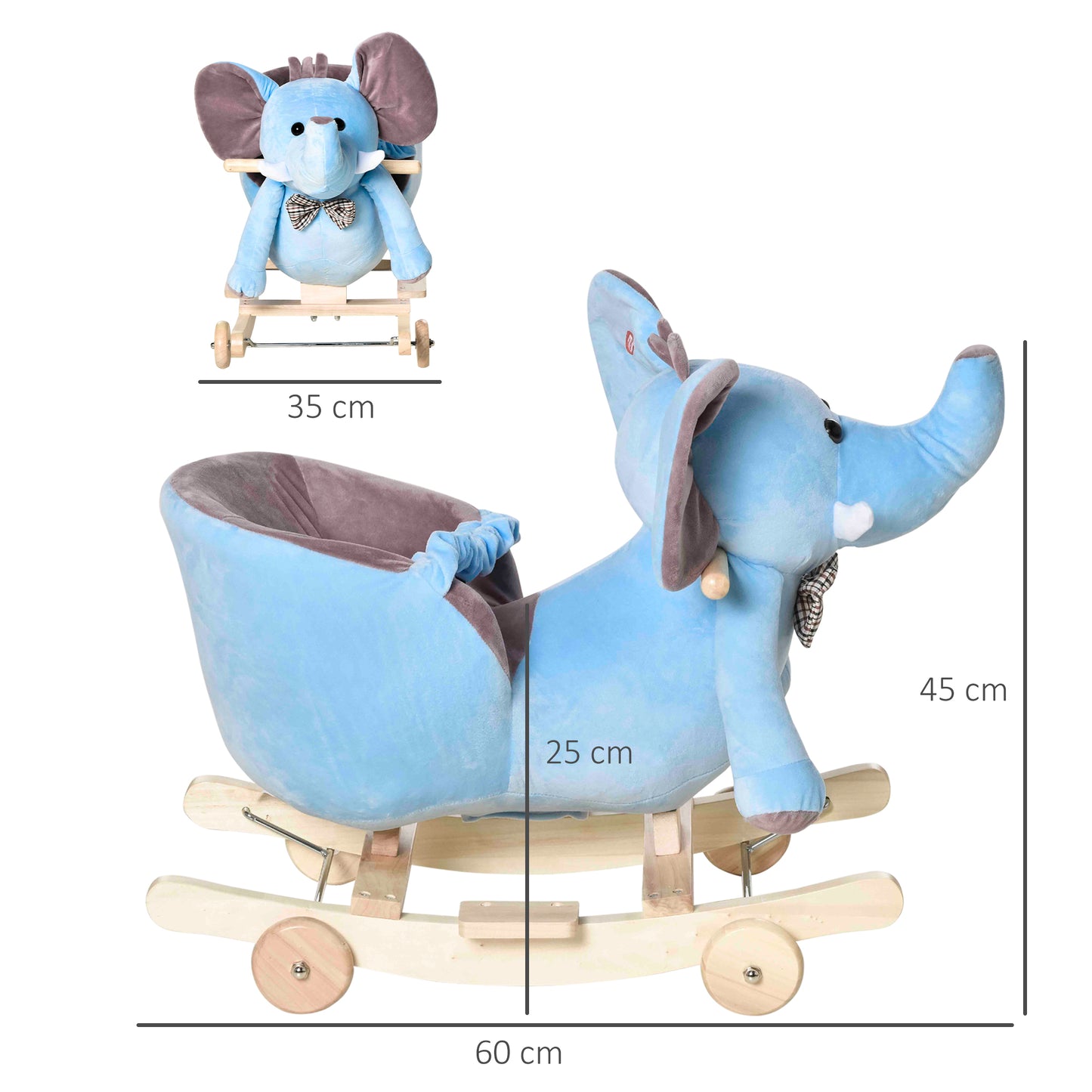 Rocking Animal in the shape of an Elephant with Wheels and Belt, in Plush, Wood and Steel, 60x35x45 cm, Blue