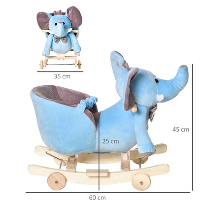 Rocking Animal in the shape of an Elephant with Wheels and Belt, in Plush, Wood and Steel, 60x35x45 cm, Blue