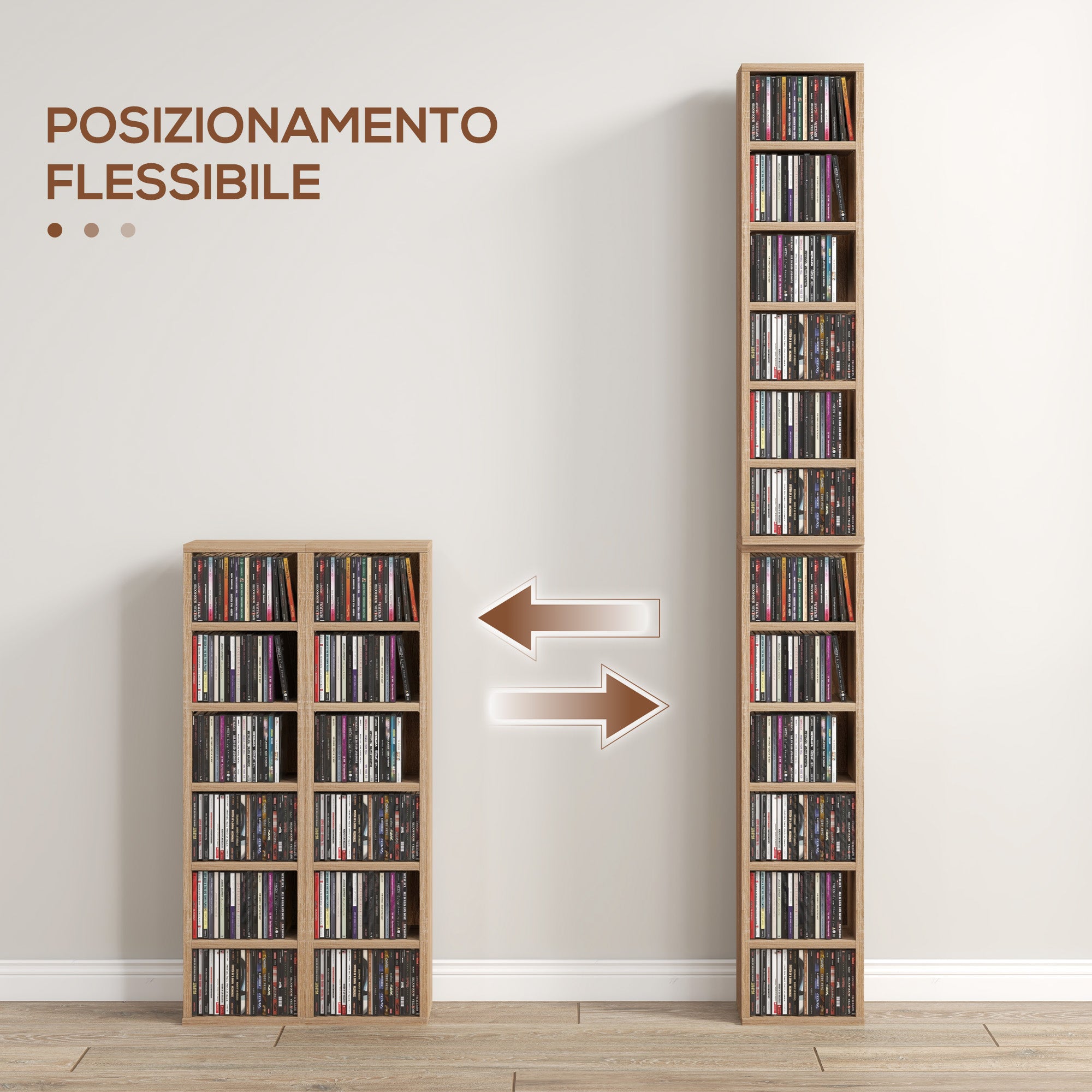 CD Rack, Set of 2, Adjustable Shelves for 204 CDs, 21x22. 5x88. 5 cm, Wood Color