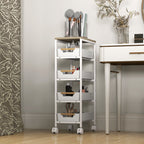 5-Tier Kitchen Cart with 4 Removable Baskets, Metal, PP and Wood, 39.5x24x82 cm, White and Oak