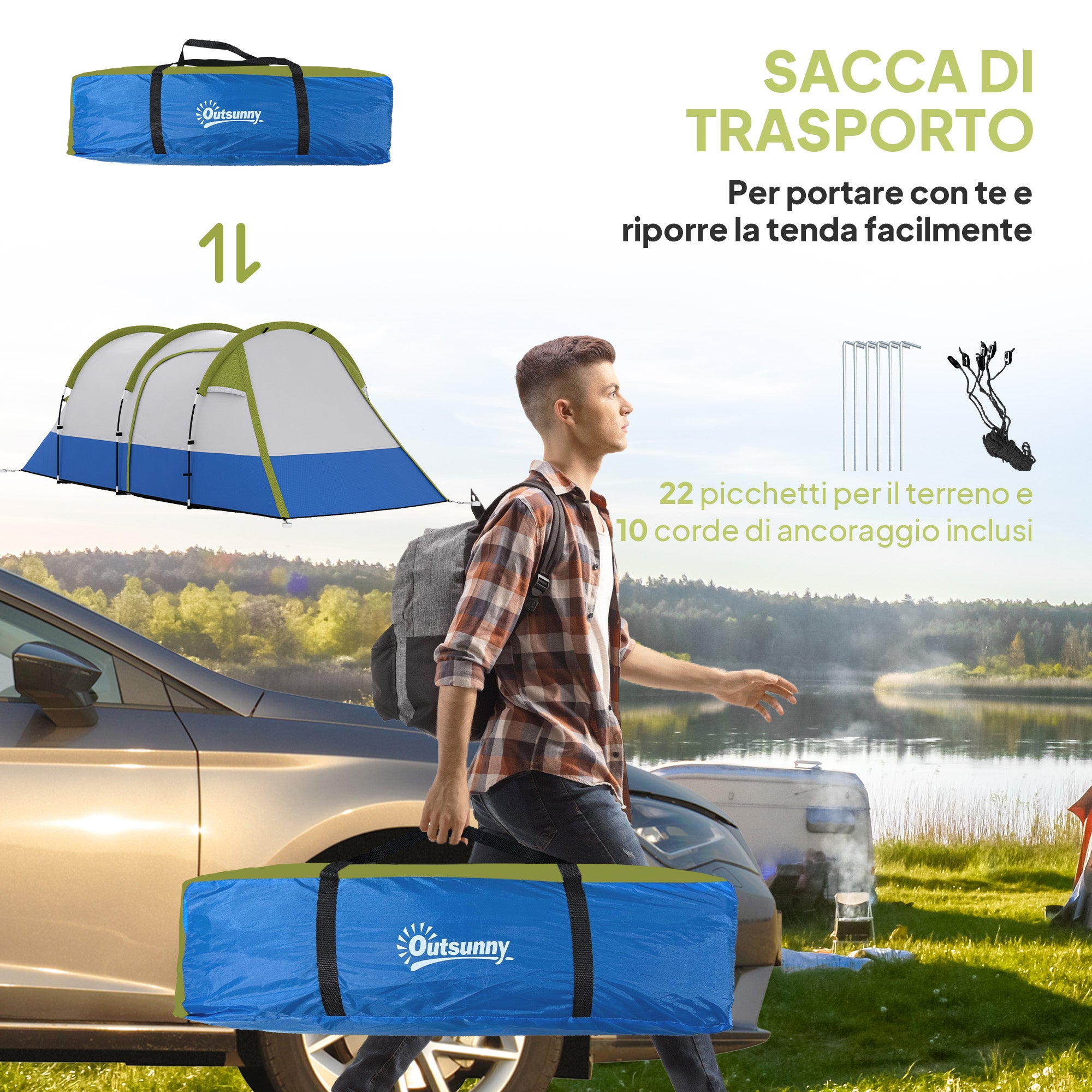 Waterproof Camping Tent with 2 Areas and 3 Entrances, Polyester and Fiberglass, 420x200x150 cm, Green