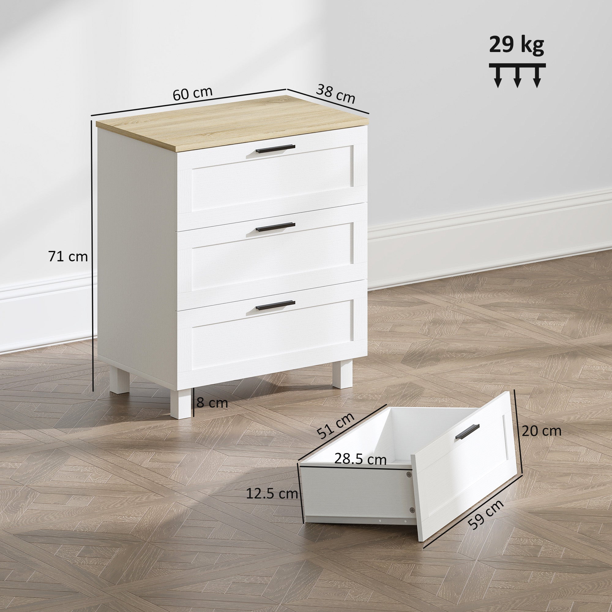 Modern 3-Drawer Wooden Chest of Drawers, 60x38x71 cm, White and Wood Color