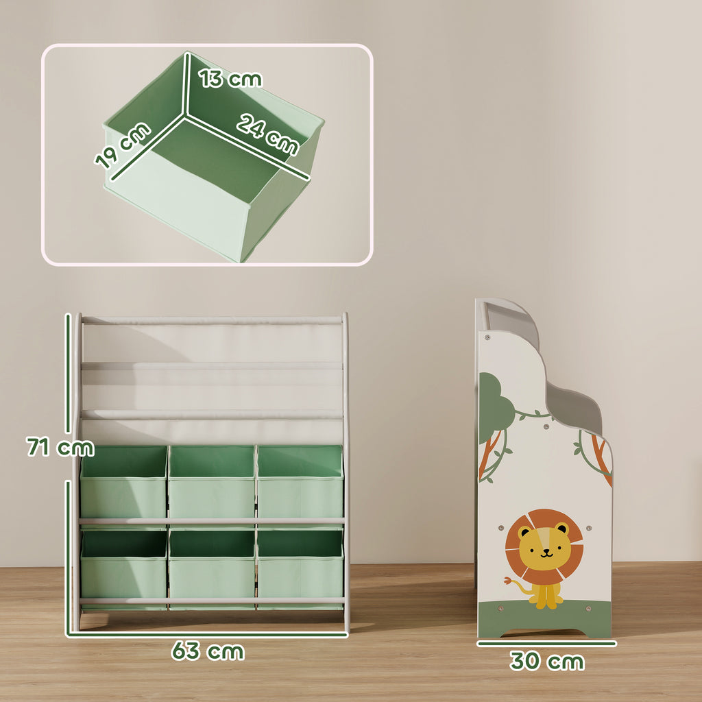 Toy Storage Shelf with 6 Fabric Drawers and 2-Tier Bookcase, Wood and Steel, 63x30x71 cm, Green