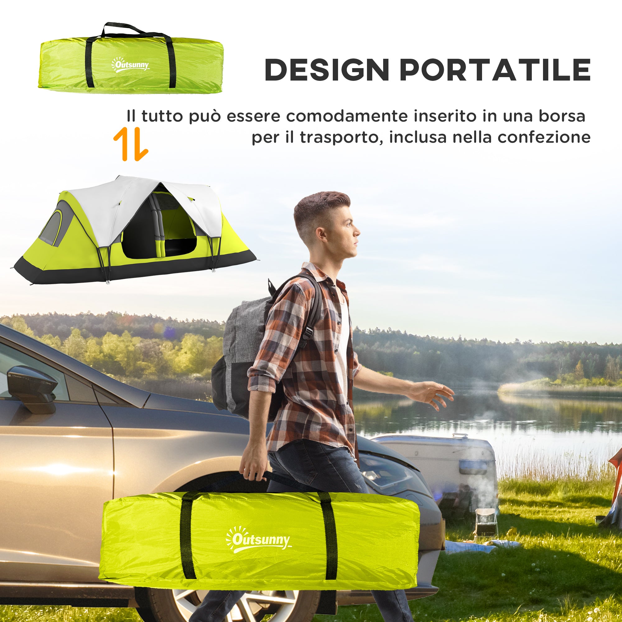 Outsunny 4-person Camping Tent with 2 Separate Spaces, in Polyester and Fiberglass, 450x215Px180 cm, Green - Borgè