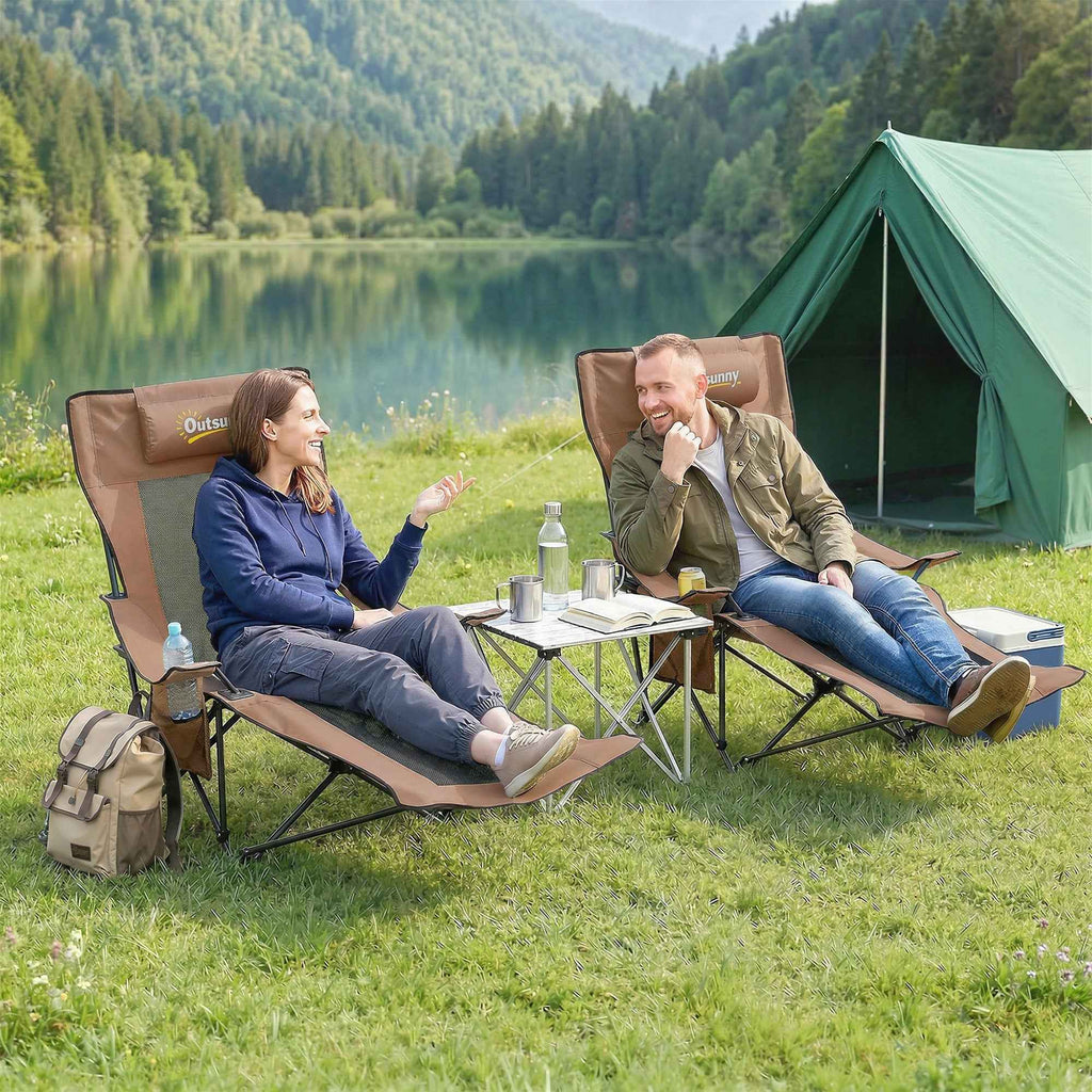Outsunny Set of 2 Folding Camping Chairs in Oxford Fabric and Metal with Detachable Footrest, Brown and Black