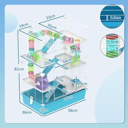 6 Level Hamster Cage with Tunnel, Wheel, Ramps, House, Bottle and Bowl, Blue