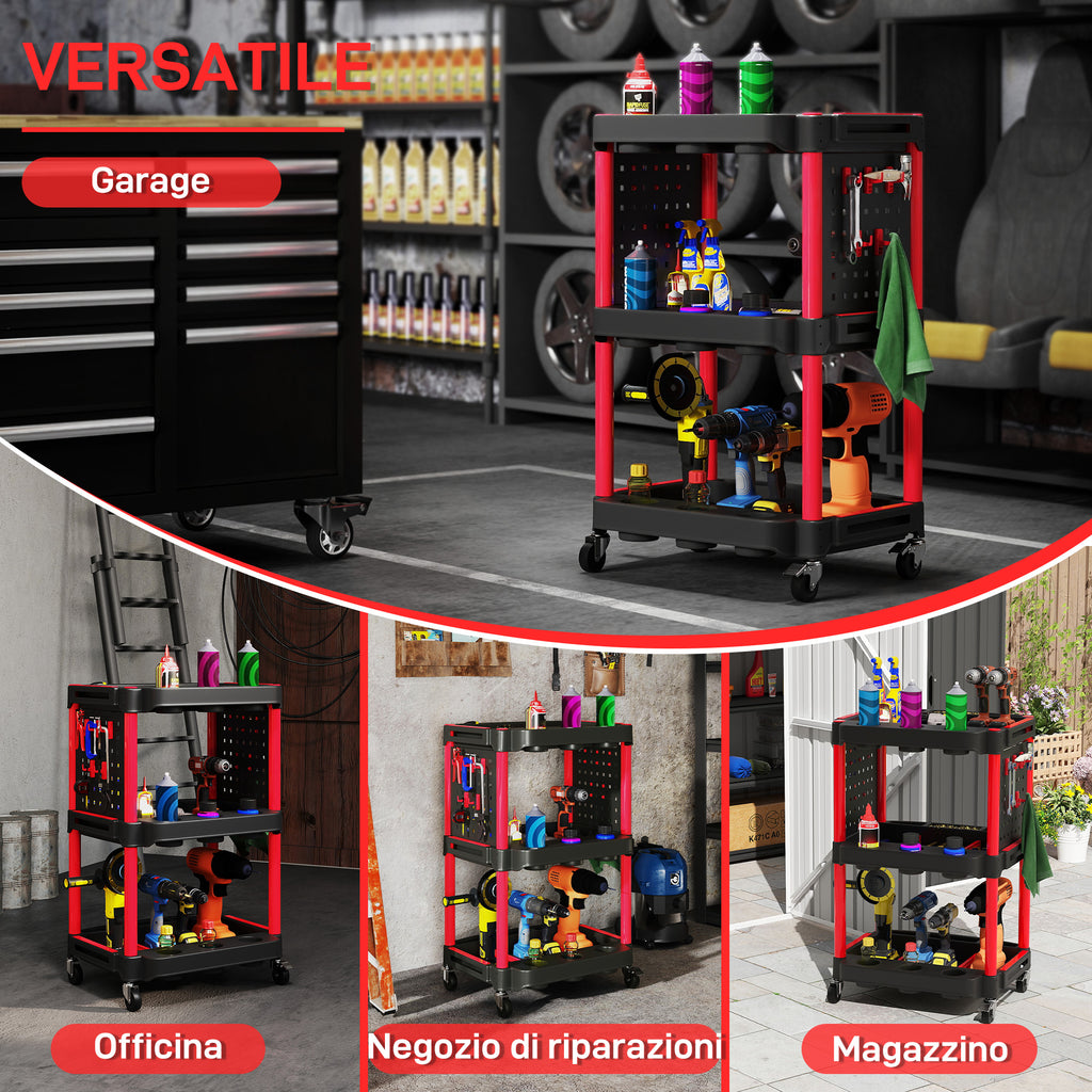 3-Tier Plastic Tool Cart with Side Perforated Panel, Black and Red
