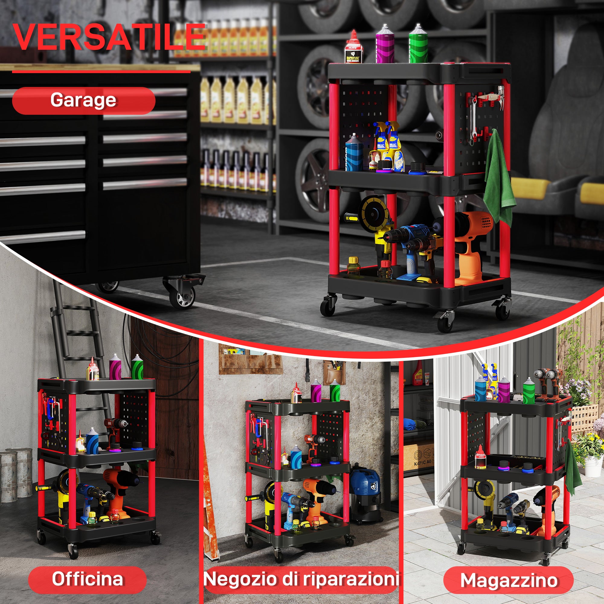 3-Tier Plastic Tool Cart with Side Perforated Panel, Black and Red