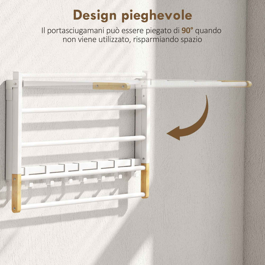 HOMCOM Folding Wall-Mounted Towel Rack with 5 Bars and 6 Hooks in Wood and Steel, 60x32.5x20 cm, White