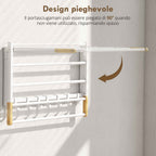 HOMCOM Folding Wall-Mounted Towel Rack with 5 Bars and 6 Hooks in Wood and Steel, 60x32.5x20 cm, White