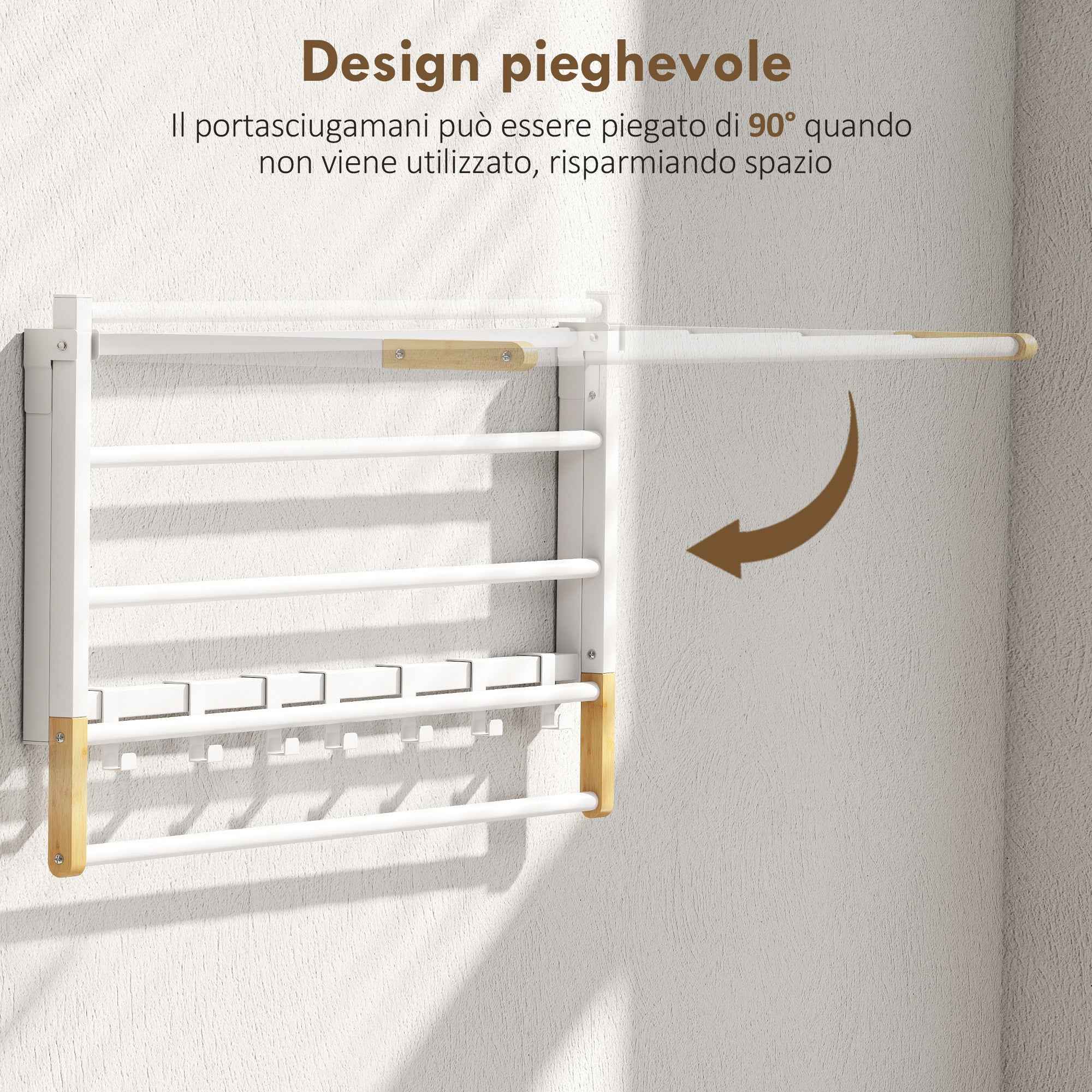 HOMCOM Folding Wall-Mounted Towel Rack with 5 Bars and 6 Hooks in Wood and Steel, 60x32.5x20 cm, White