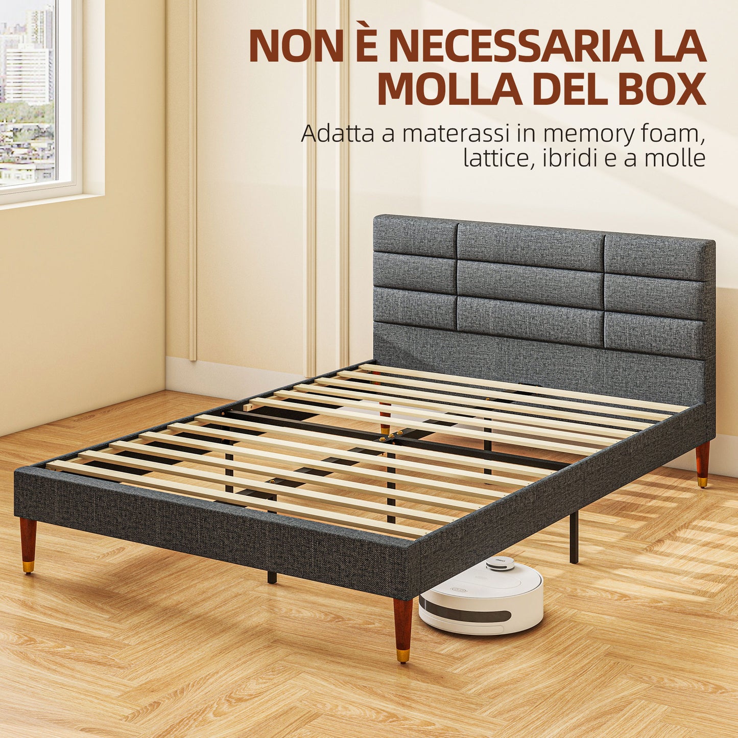 Bed Frame with Headboard, Footboard and Storage Space, in Linen Effect Fabric, 141x207x88 cm, Gray