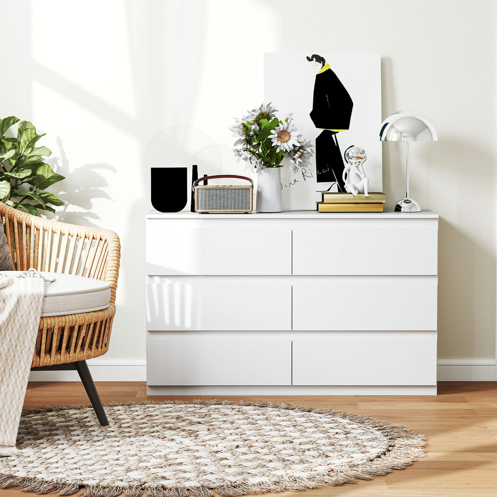 Chest of 6 Drawers for the Bedroom in Wood with Metal Guides, 120x39x75 cm, White