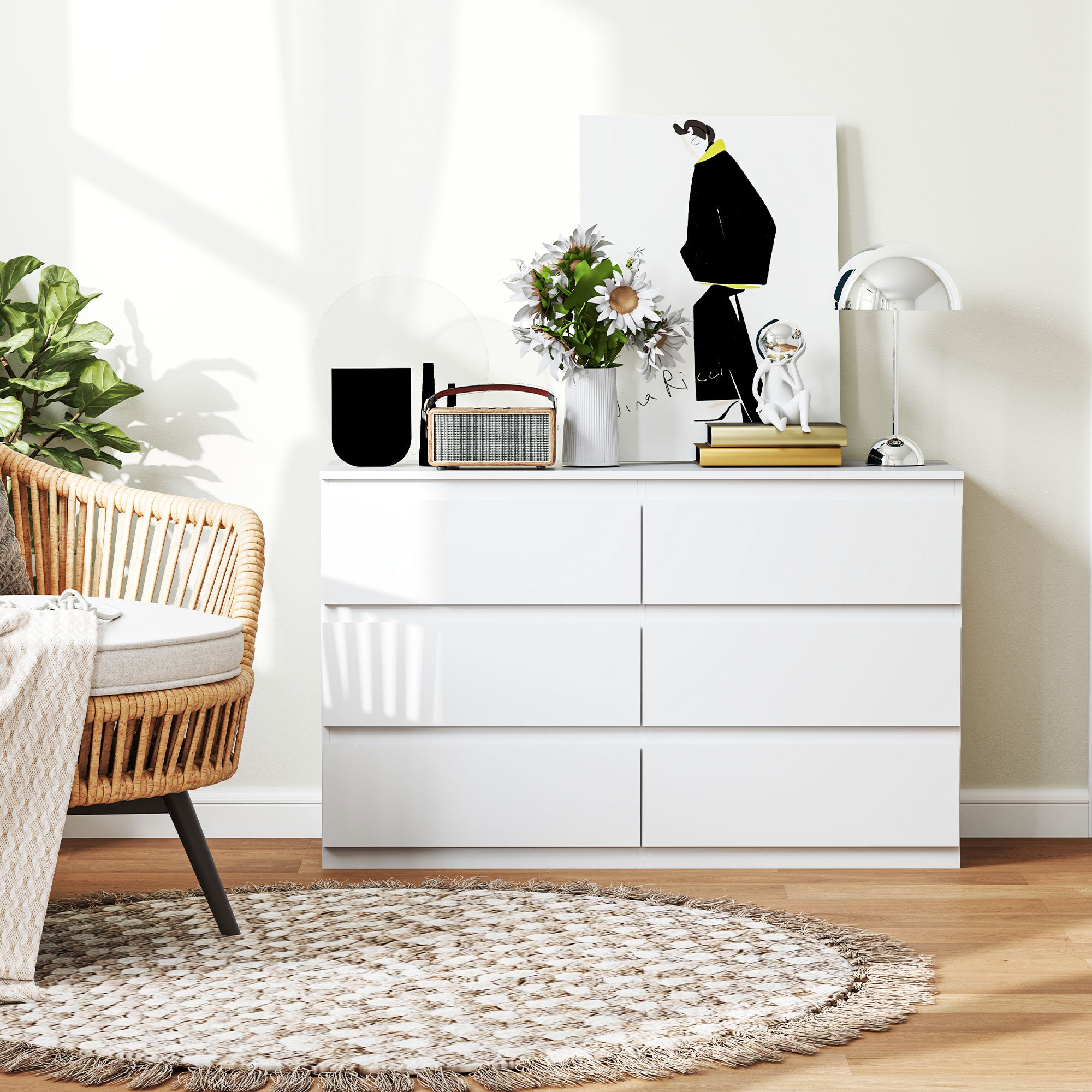 Chest of 6 Drawers for the Bedroom in Wood with Metal Guides, 120x39x75 cm, White