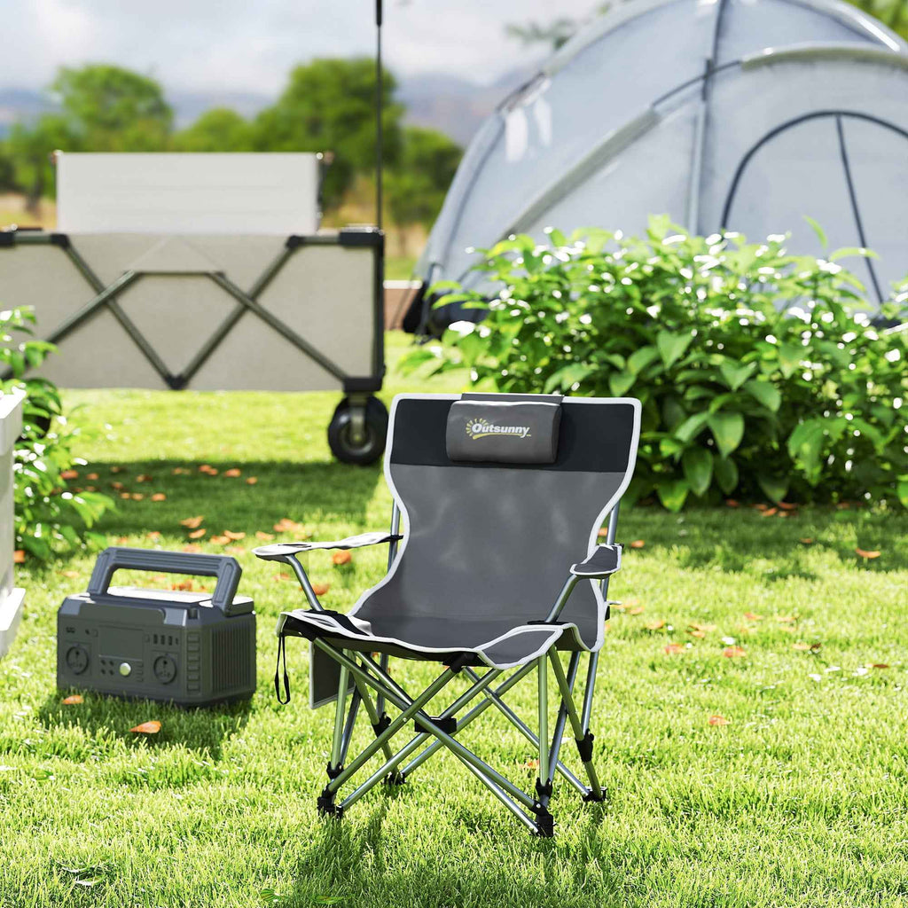Outsunny Folding Camping Chair with Detachable Footrest, Cup Holder and Side Pocket, 82x100x88 cm, Black