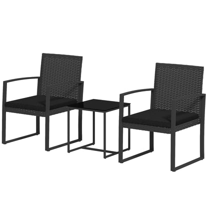 Black Rattan 3 Piece Garden Set with 2 Chairs with Cushions and Glass Top Table, Black Rattan Effect - Borgè