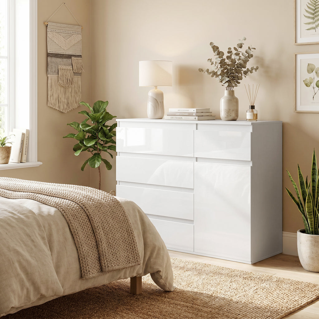 Sideboard, Cabinet with 5 Drawers, Adjustable Shelf, Gloss White.