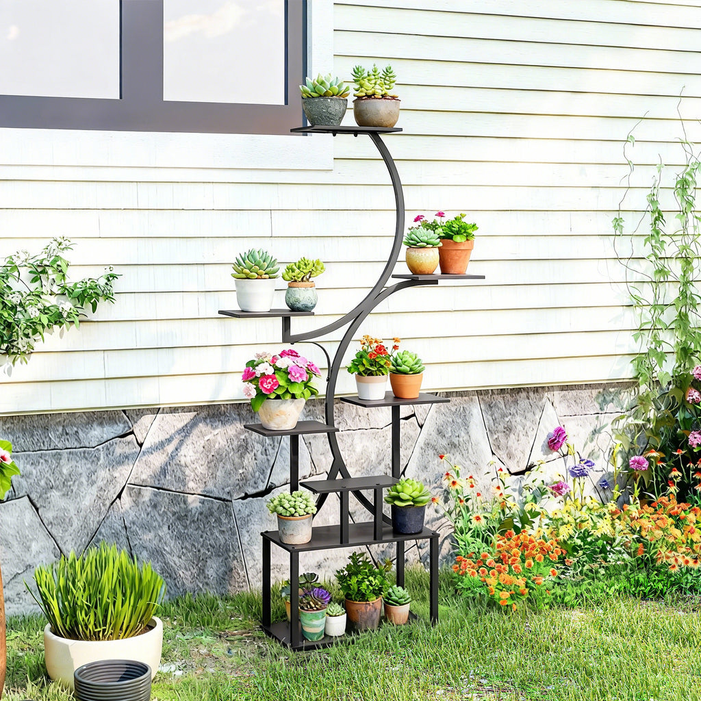 Outsunny 8-Tier S-Shaped Plant Stand for Indoor and Outdoor Use, Metal, 74 x 26 x 158.5 cm, Black