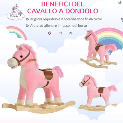 HOMCOM Wooden Rocking Horse Toy with Realistic Sounds for Children 36-72 Months, Includes 2 AA Batteries, Pink