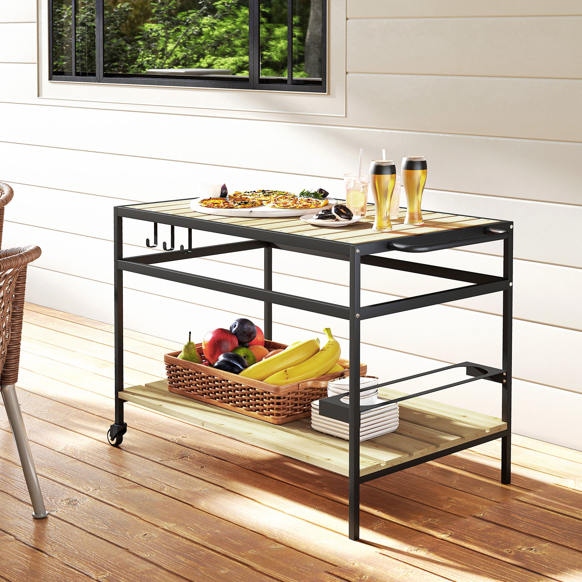 Outsunny Garden Food Cart in Wood with Slats and Steel, Shelf and Handle, 107x65x80 cm