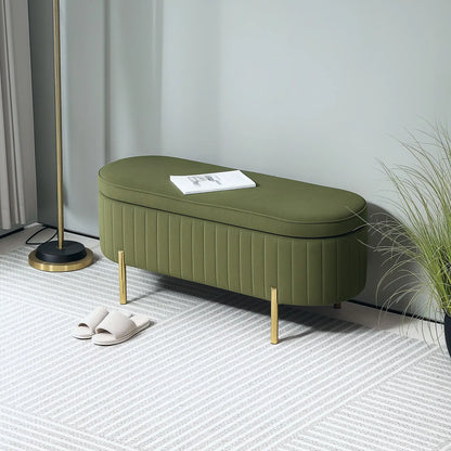 Oval Storage Bench 72L with Lift-Up Lid, Velvet and Wood Effect Fabric, 108x44x43.5 cm, Green