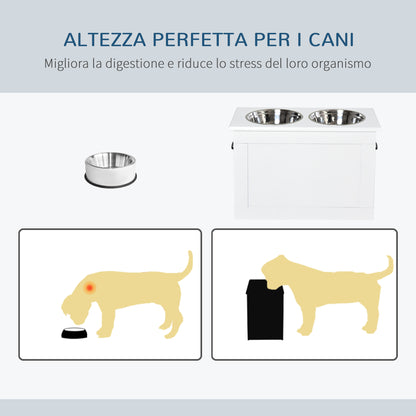 Raised Bowls for Large Dogs, MDF Stand with 2 Stainless Steel Bowls, 60x30x41 cm, White