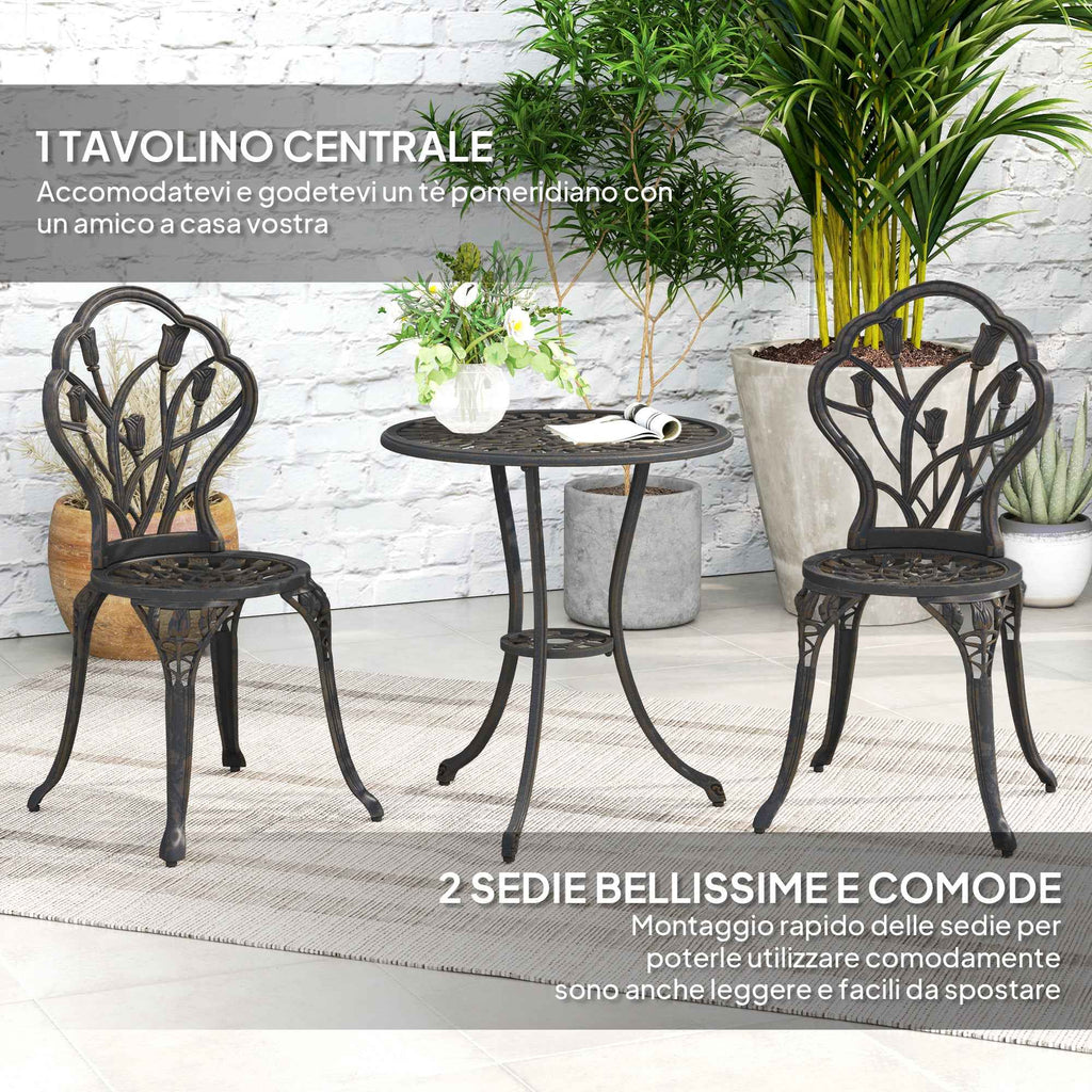 Outsunny 3-Piece Outdoor Set with 2 Garden Chairs and Round Table with Umbrella Hole, Bronze