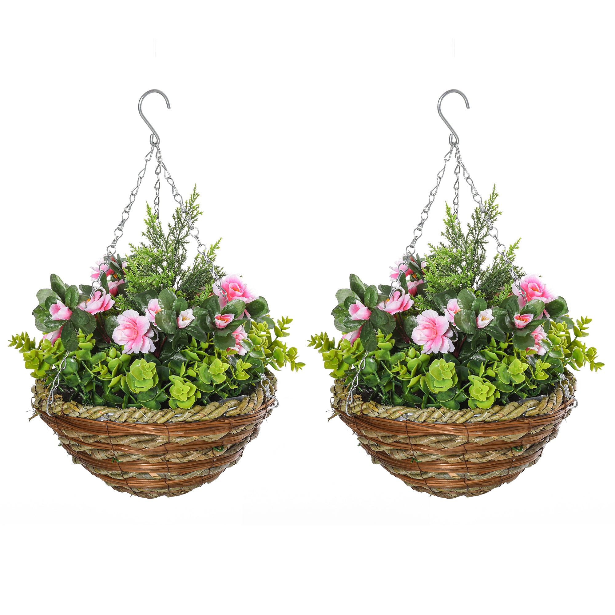 Set of 2 Fake Lisianthus Plants to Hang for Indoor and Outdoor Use with Wicker Pot and Chains, ?25x34cm, Pink and Green - Borgè