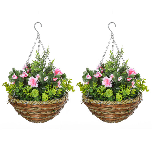 Set of 2 Fake Lisianthus Plants to Hang for Indoor and Outdoor Use with Wicker Pot and Chains, ?25x34cm, Pink and Green